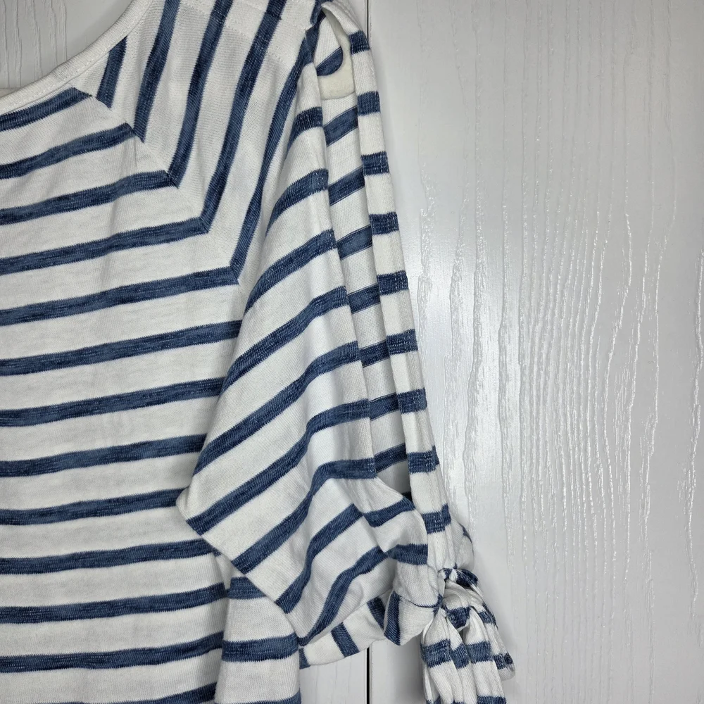 Jane & Delancey Navy White Striped Tie Sleeve Top L Nautical Coastal